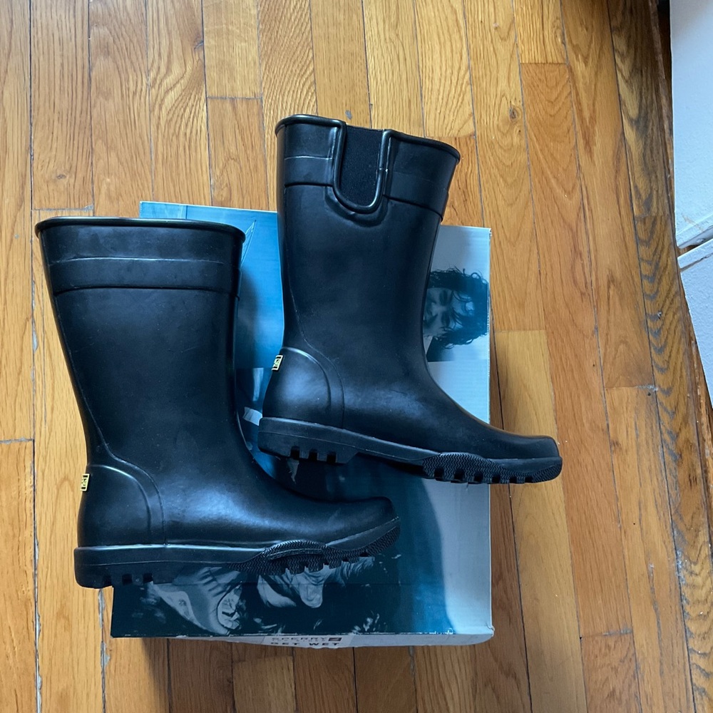 Rubber, black rain boots, mid booties.